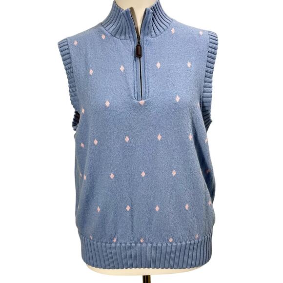 Vintage 90s Martin Sweater Vest Preppy Golf Argyle QuarterZip Merino Wool Medium - Picture 1 of 10